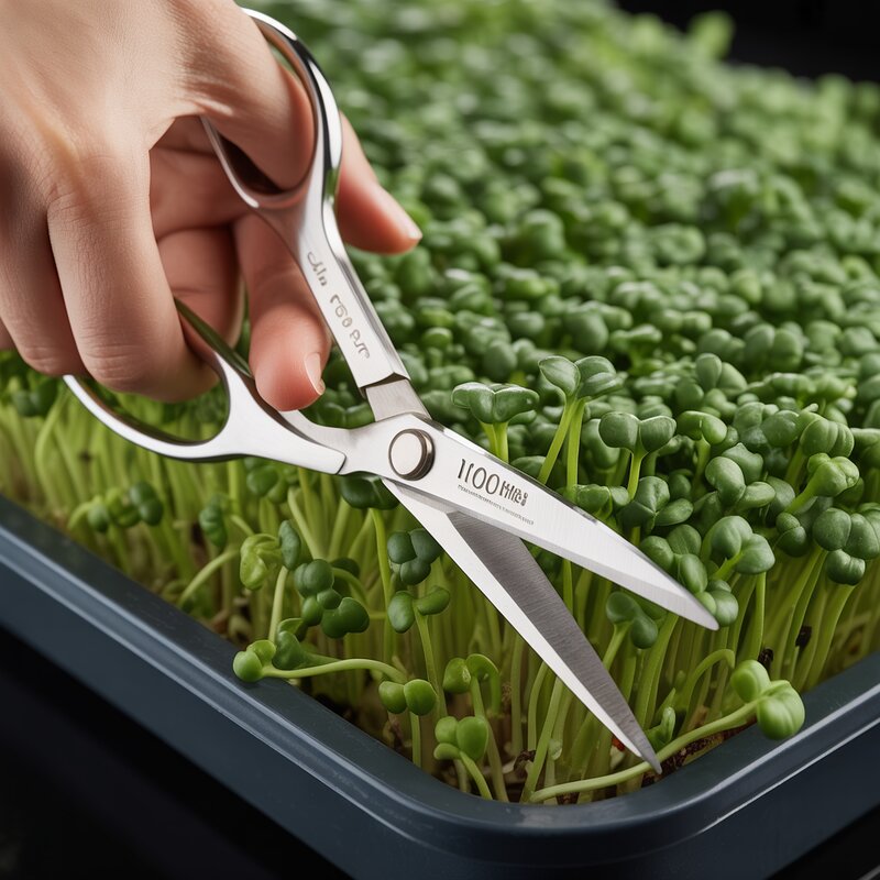 Hand-harvesting fresh broccoli microgreens with scissors